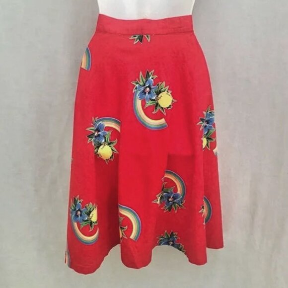 Vintage Hawaiian Christmas Swing Skirt Red Flowers Rainbows 60s-70s Medium - Picture 8 of 10
